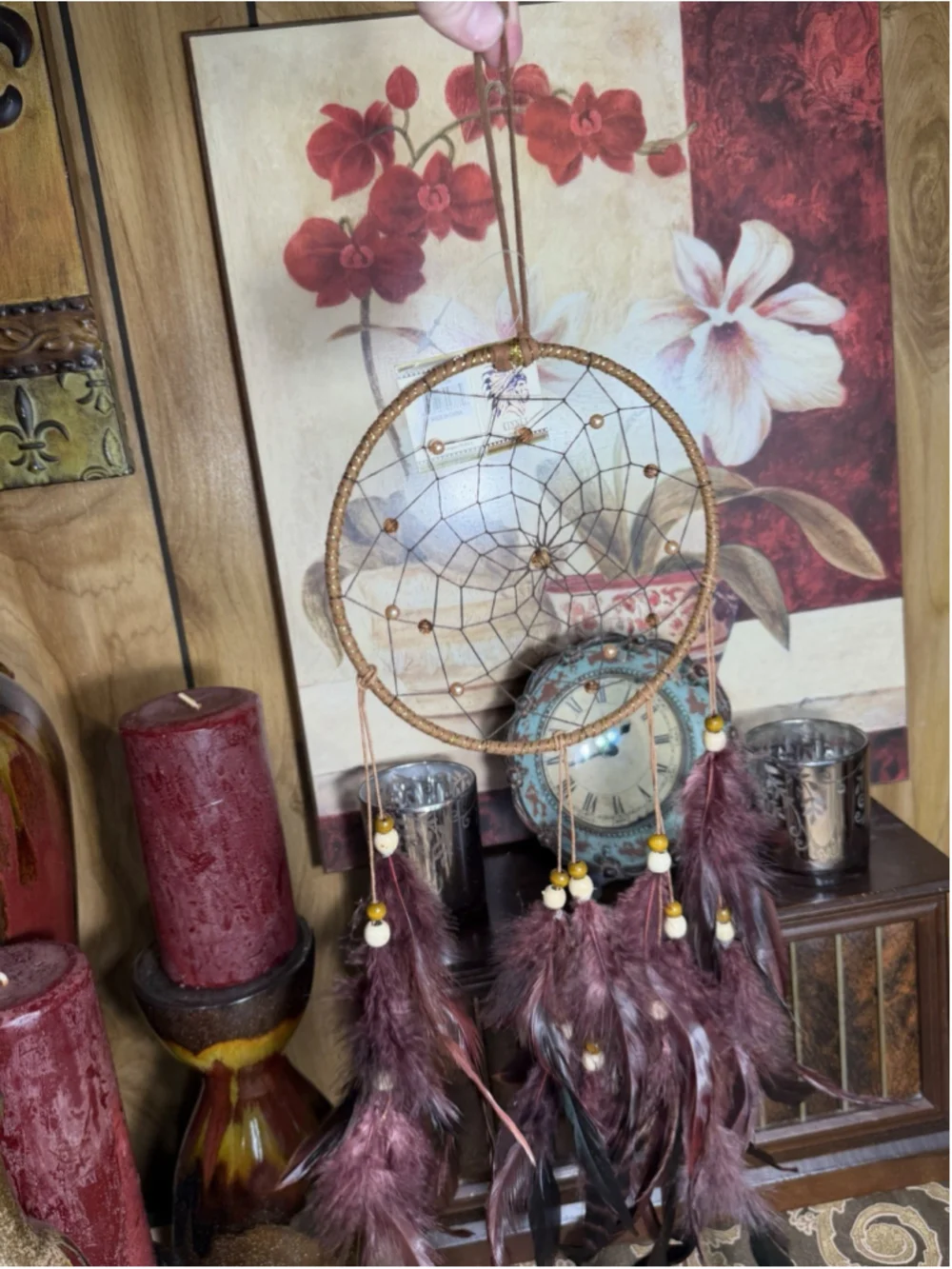 Dream Catcher Wall Hanging 6.5 In Hoop 23 in Long Feathers Beads Boho Decor New